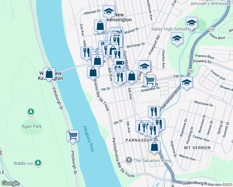 map of restaurants, bars, coffee shops, grocery stores, and more near 620 4th Avenue in New Kensington