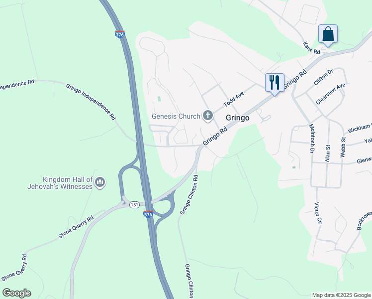 map of restaurants, bars, coffee shops, grocery stores, and more near 366 Gringo Independence Road in Aliquippa