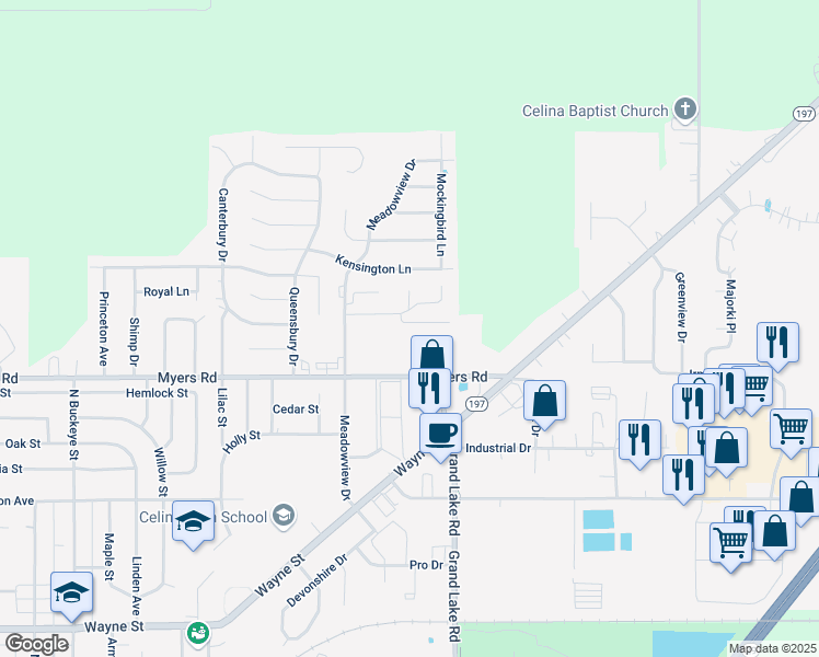 map of restaurants, bars, coffee shops, grocery stores, and more near 1111 Myers Road in Celina