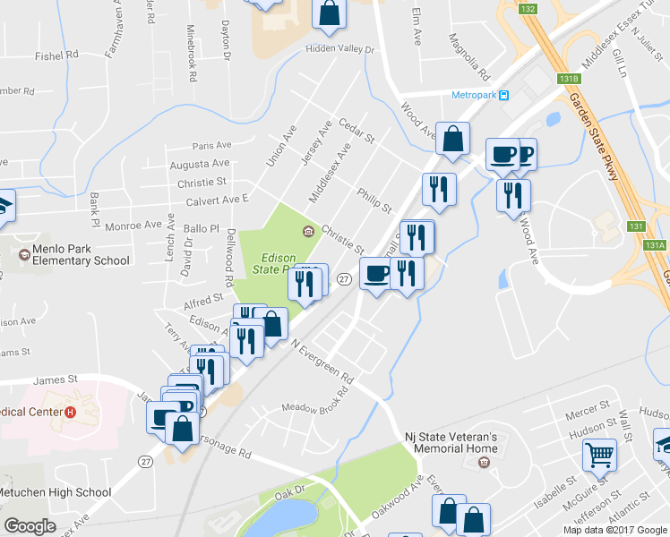 map of restaurants, bars, coffee shops, grocery stores, and more near 72 Monmouth Avenue in Edison