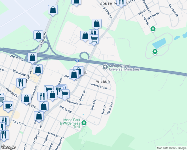 map of restaurants, bars, coffee shops, grocery stores, and more near 2501 27th Street Southwest in Allentown