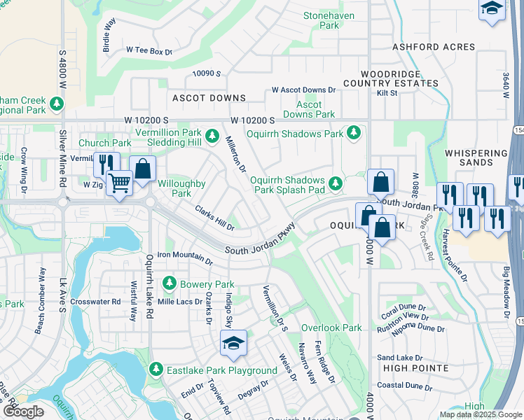 map of restaurants, bars, coffee shops, grocery stores, and more near 10426 Millerton Drive in South Jordan