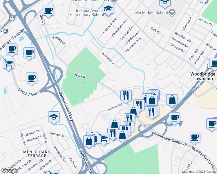 map of restaurants, bars, coffee shops, grocery stores, and more near 324 Gill Lane in Woodbridge Township