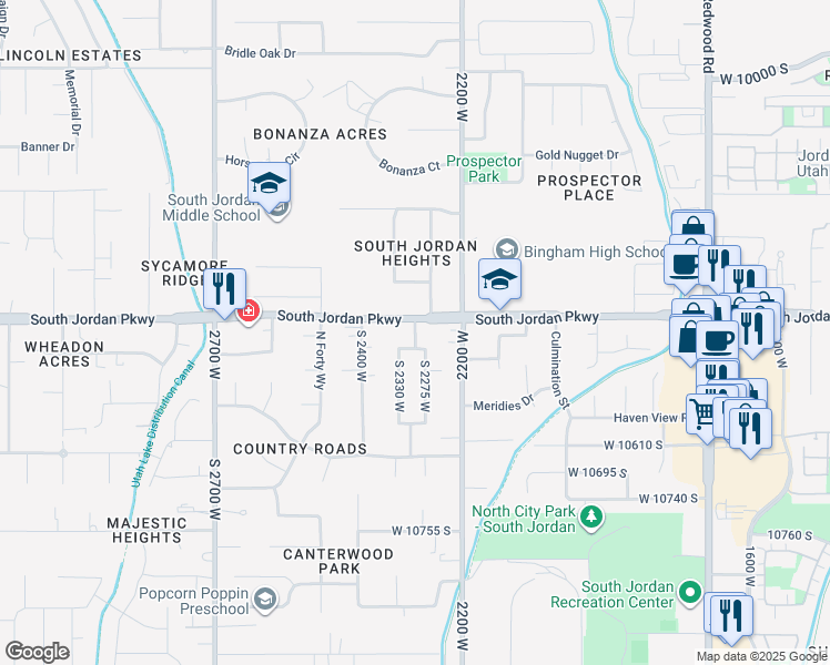 map of restaurants, bars, coffee shops, grocery stores, and more near Hidden Crest Way in South Jordan