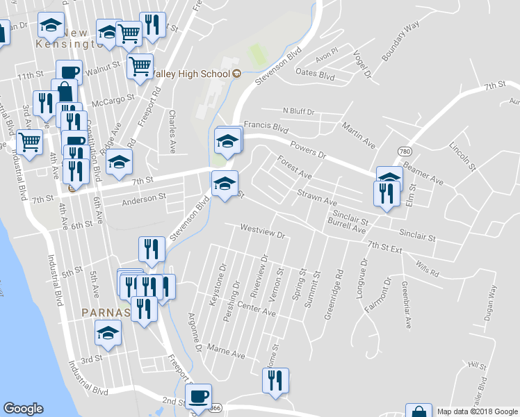map of restaurants, bars, coffee shops, grocery stores, and more near 1170 7th Street in New Kensington