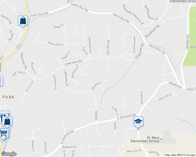 map of restaurants, bars, coffee shops, grocery stores, and more near 2925 Skyline Drive in Hampton Township