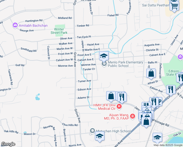 map of restaurants, bars, coffee shops, grocery stores, and more near 157 Mundy Avenue in Edison