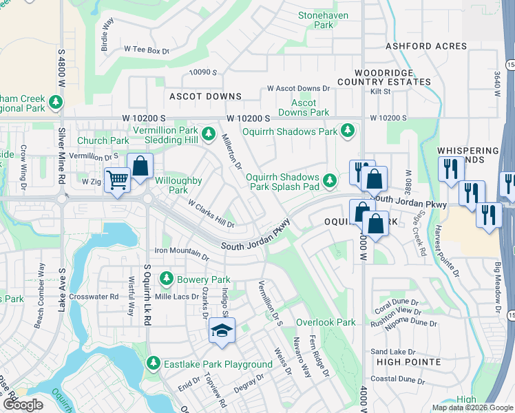 map of restaurants, bars, coffee shops, grocery stores, and more near 10436 Millerton Drive in South Jordan