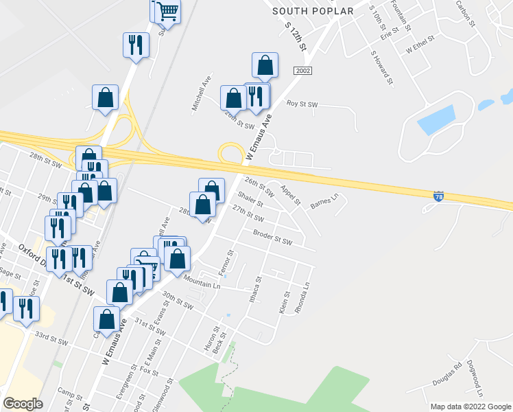 map of restaurants, bars, coffee shops, grocery stores, and more near 2504 Shaler Street in Allentown