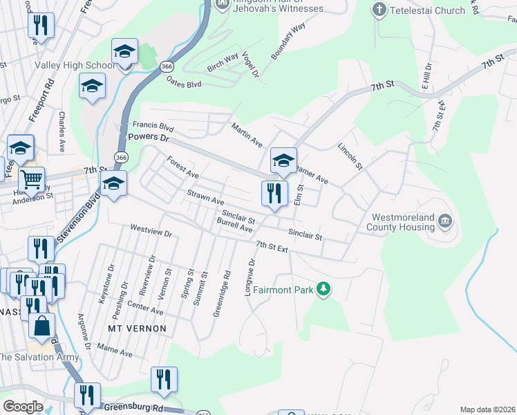 map of restaurants, bars, coffee shops, grocery stores, and more near 1357 Strawn Avenue in New Kensington