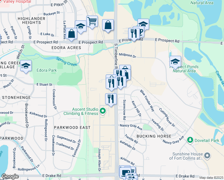map of restaurants, bars, coffee shops, grocery stores, and more near 1925 South Timberline Road in Fort Collins