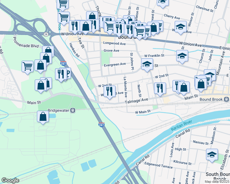 map of restaurants, bars, coffee shops, grocery stores, and more near 509 Wheatland Avenue in Bound Brook