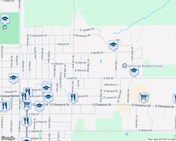 map of restaurants, bars, coffee shops, grocery stores, and more near 1300 East Olive Street in Canton