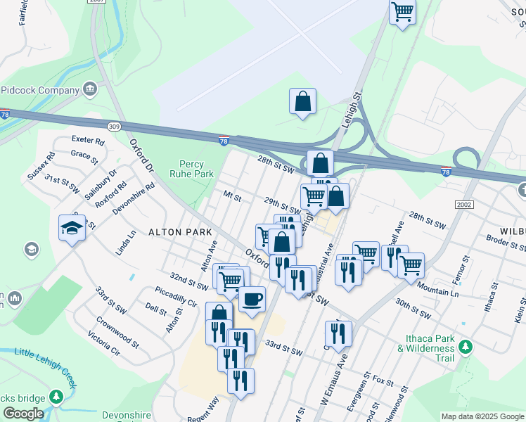 map of restaurants, bars, coffee shops, grocery stores, and more near 2923 Diamond Avenue in Allentown