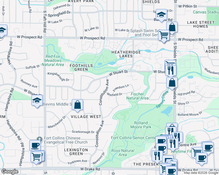 map of restaurants, bars, coffee shops, grocery stores, and more near 1542 Freedom Lane in Fort Collins