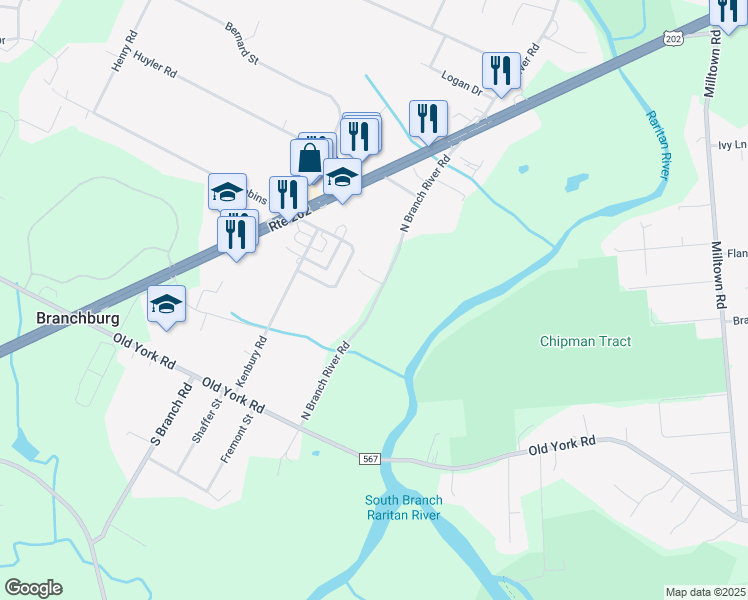 map of restaurants, bars, coffee shops, grocery stores, and more near 142 North Branch River Road in Branchburg