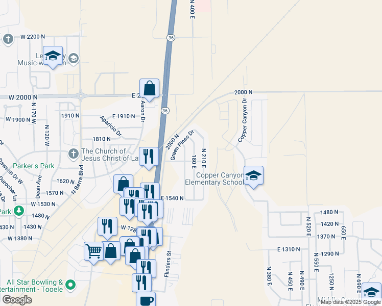 map of restaurants, bars, coffee shops, grocery stores, and more near 180 East in Tooele