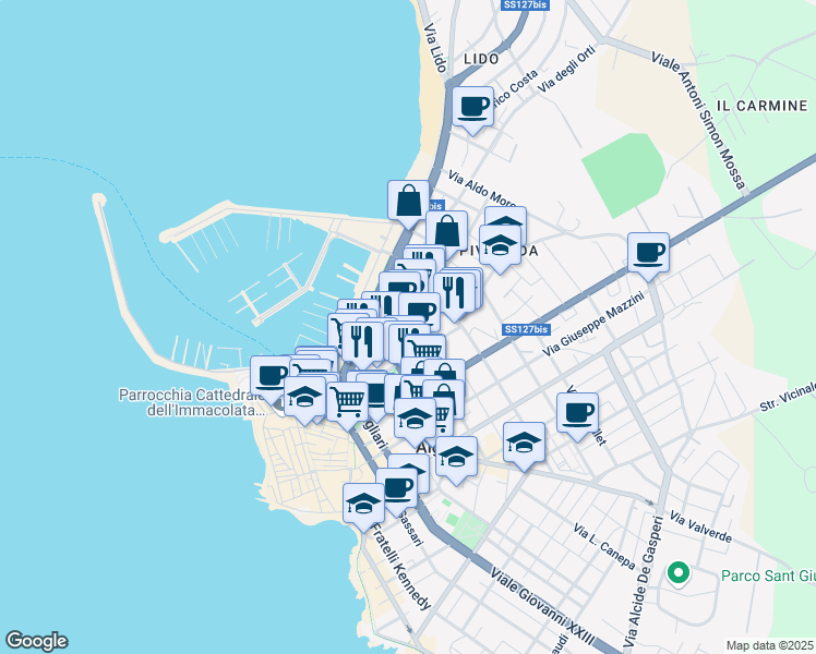 map of restaurants, bars, coffee shops, grocery stores, and more near 19 Via Asfodelo in Alghero