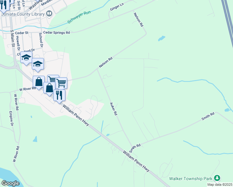 map of restaurants, bars, coffee shops, grocery stores, and more near 384 Auker Road in Mifflintown