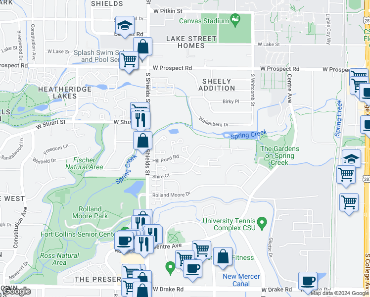 map of restaurants, bars, coffee shops, grocery stores, and more near 1920 Winterberry Way in Fort Collins