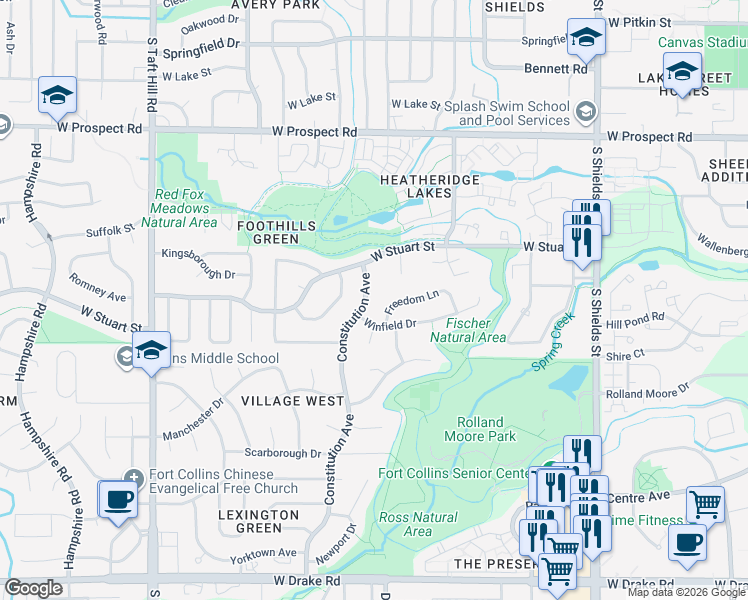 map of restaurants, bars, coffee shops, grocery stores, and more near 1542 Freedom Lane in Fort Collins