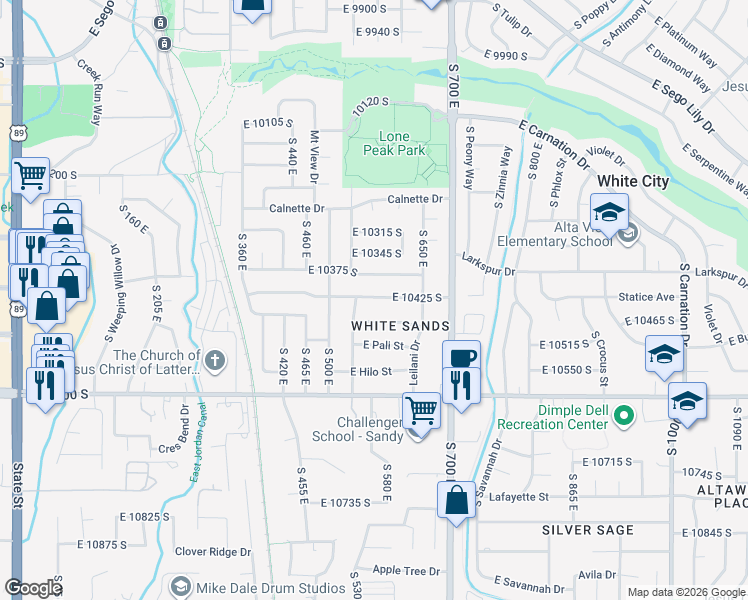 map of restaurants, bars, coffee shops, grocery stores, and more near 571 East Pico Street in Sandy