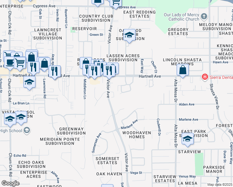 map of restaurants, bars, coffee shops, grocery stores, and more near 1763 Bramble Place in Redding