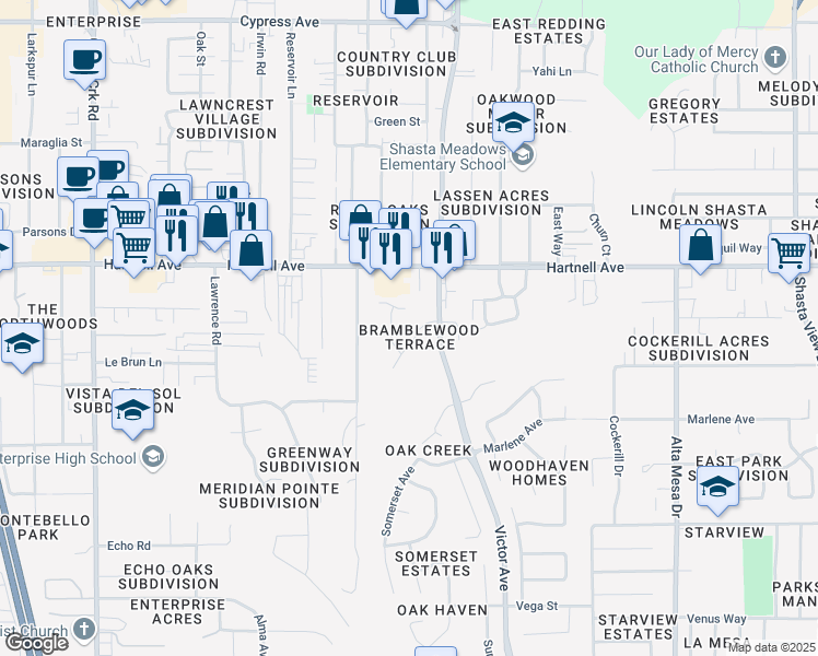 map of restaurants, bars, coffee shops, grocery stores, and more near 1655 Bramble Place in Redding