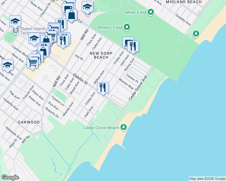 map of restaurants, bars, coffee shops, grocery stores, and more near 5 Milbank Road in Staten Island