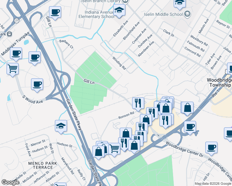 map of restaurants, bars, coffee shops, grocery stores, and more near 324 Gill Lane in Woodbridge Township