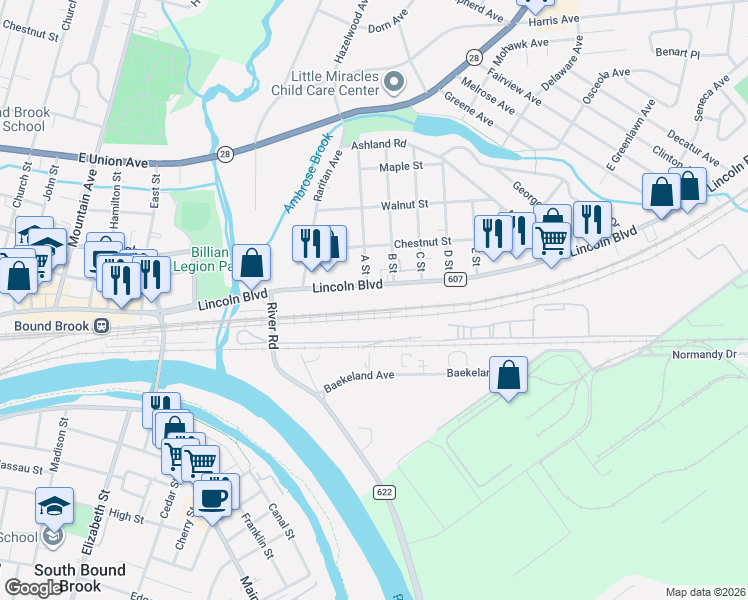 map of restaurants, bars, coffee shops, grocery stores, and more near 113 County Road 607 in Middlesex