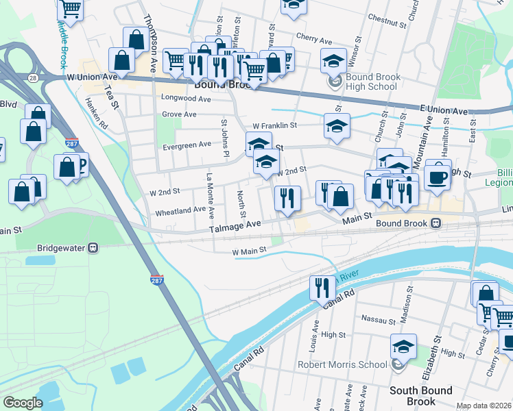 map of restaurants, bars, coffee shops, grocery stores, and more near 12 Fisher Avenue in Bound Brook