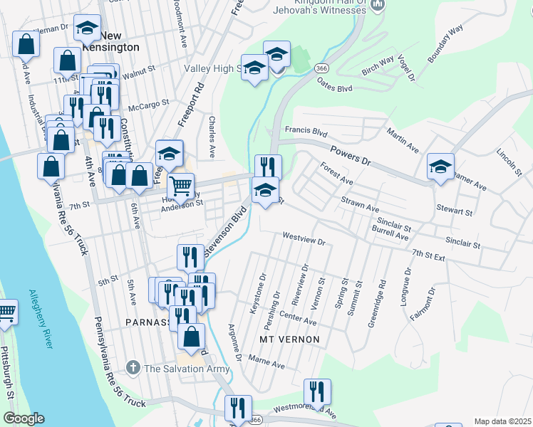 map of restaurants, bars, coffee shops, grocery stores, and more near 703 Stevenson Boulevard in New Kensington