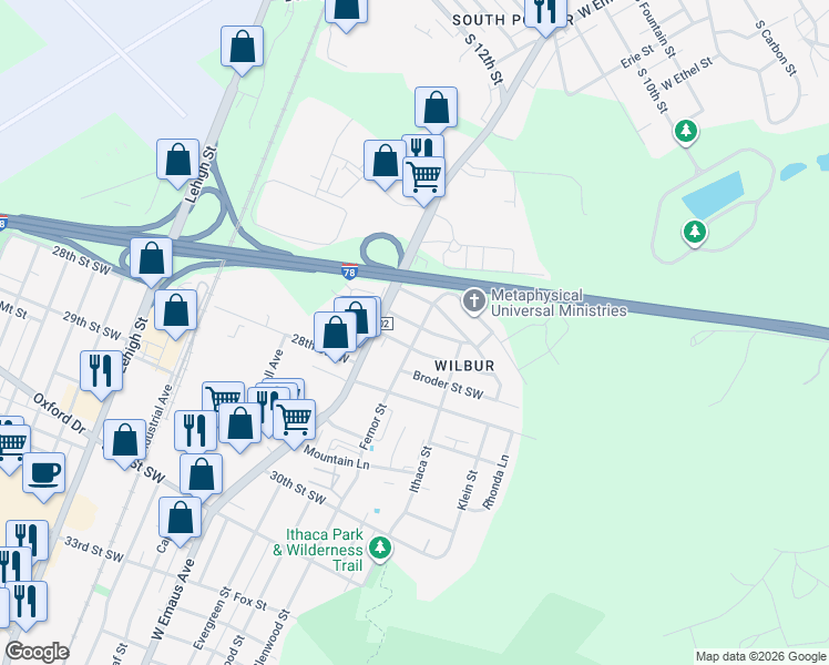 map of restaurants, bars, coffee shops, grocery stores, and more near 2501 27th Street Southwest in Allentown