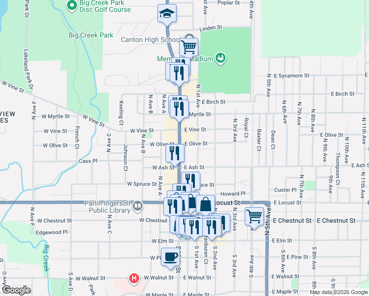 map of restaurants, bars, coffee shops, grocery stores, and more near 411 North Main Street in Canton