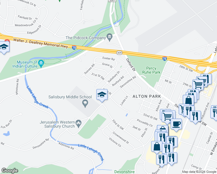 map of restaurants, bars, coffee shops, grocery stores, and more near 1519 Sage Street in Allentown