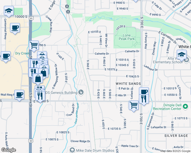 map of restaurants, bars, coffee shops, grocery stores, and more near 396 East 10425 South in Sandy