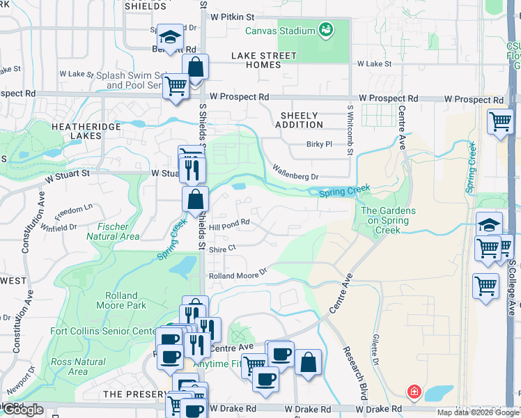 map of restaurants, bars, coffee shops, grocery stores, and more near 910 Hill Pond Road in Fort Collins