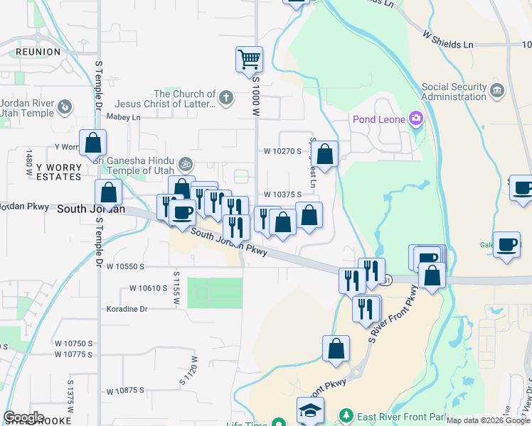 map of restaurants, bars, coffee shops, grocery stores, and more near 10480 1000 West in South Jordan