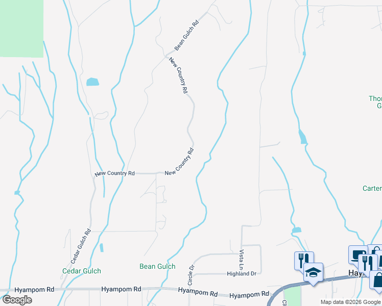 map of restaurants, bars, coffee shops, grocery stores, and more near New Country Rd in Hayfork