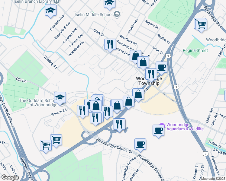 map of restaurants, bars, coffee shops, grocery stores, and more near Hampton Lane in Woodbridge Township