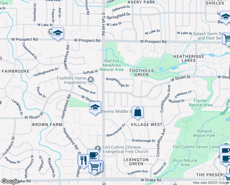 map of restaurants, bars, coffee shops, grocery stores, and more near West Stuart Street in Fort Collins