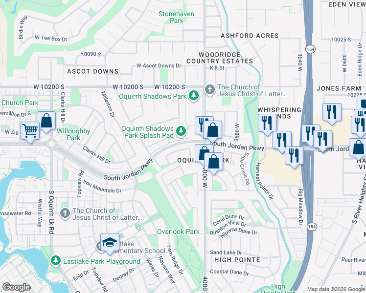 map of restaurants, bars, coffee shops, grocery stores, and more near 4082 Shady Plum Way in South Jordan