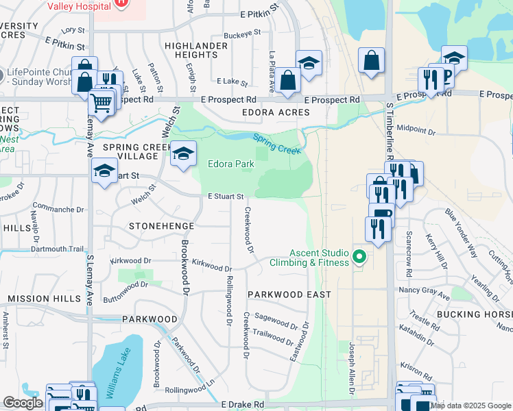 map of restaurants, bars, coffee shops, grocery stores, and more near 1625 East Stuart Street in Fort Collins