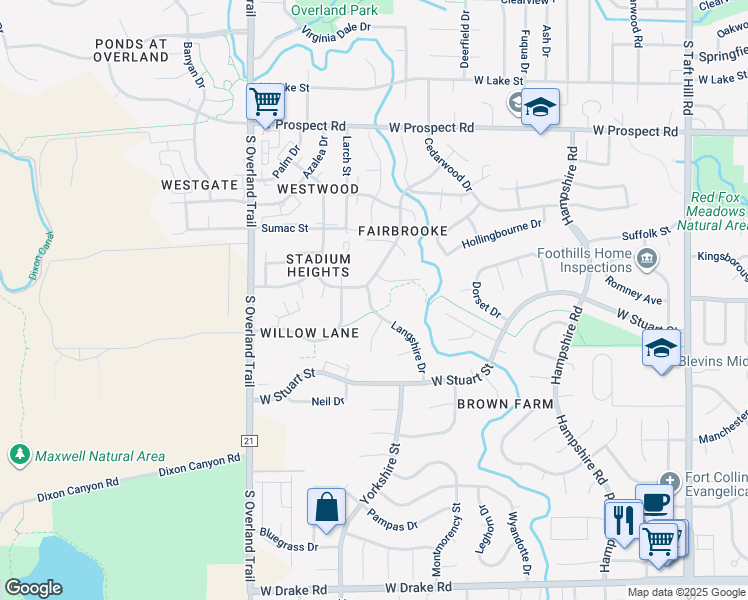 map of restaurants, bars, coffee shops, grocery stores, and more near 2001 White Rock Court in Fort Collins