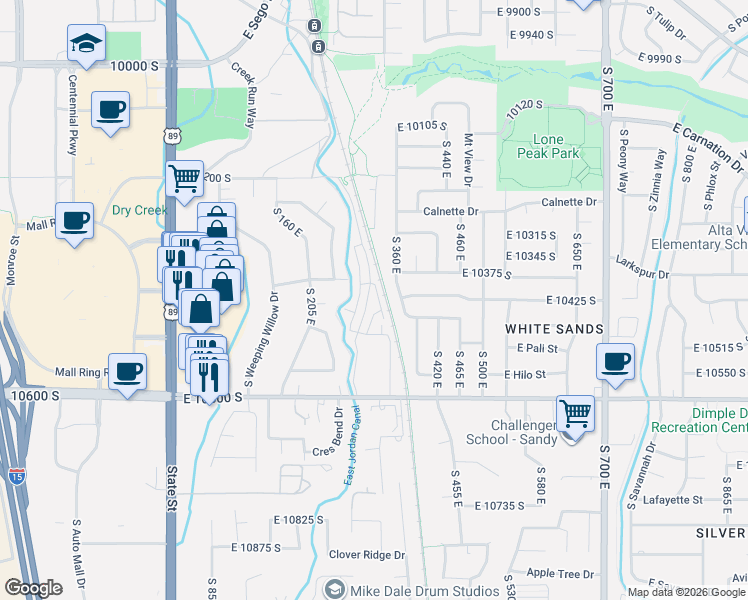 map of restaurants, bars, coffee shops, grocery stores, and more near 10441 South Beetdigger Boulevard in Sandy