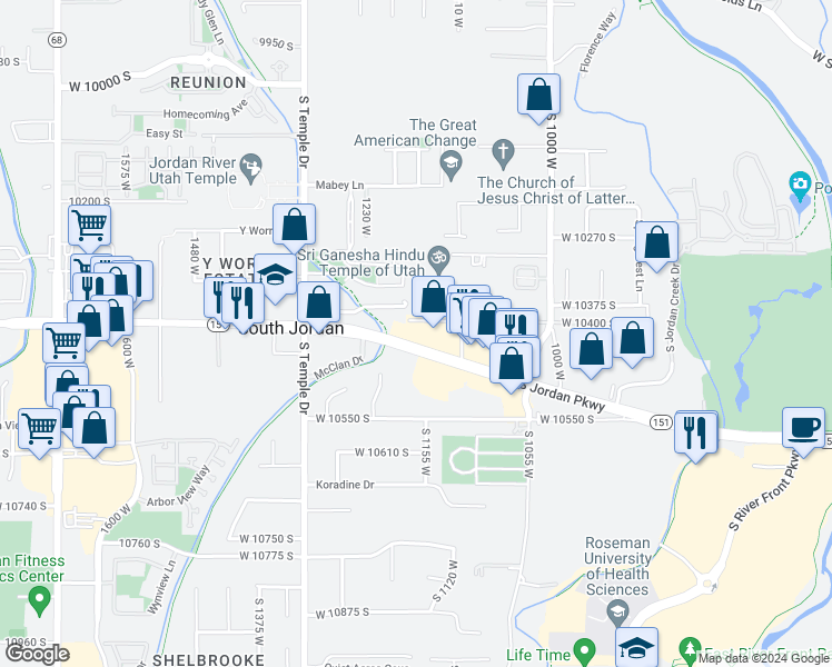 map of restaurants, bars, coffee shops, grocery stores, and more near 1153 South Jordan Parkway in South Jordan