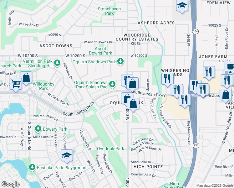 map of restaurants, bars, coffee shops, grocery stores, and more near 4101 Shady Plum Way in South Jordan
