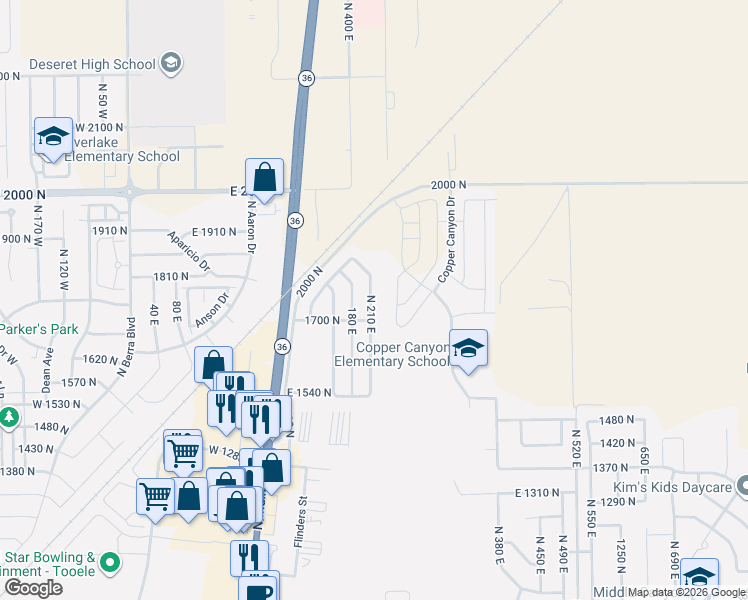 map of restaurants, bars, coffee shops, grocery stores, and more near 1719 North 210 East in Tooele