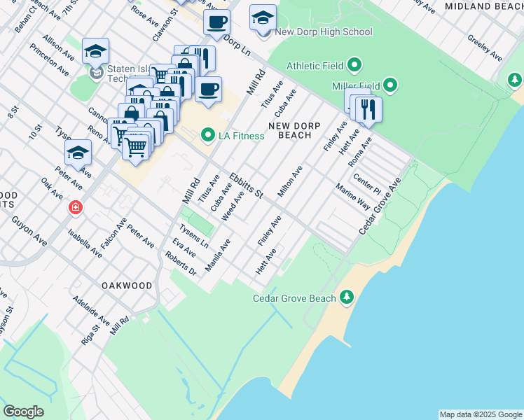 map of restaurants, bars, coffee shops, grocery stores, and more near 233 Milton Avenue in Staten Island
